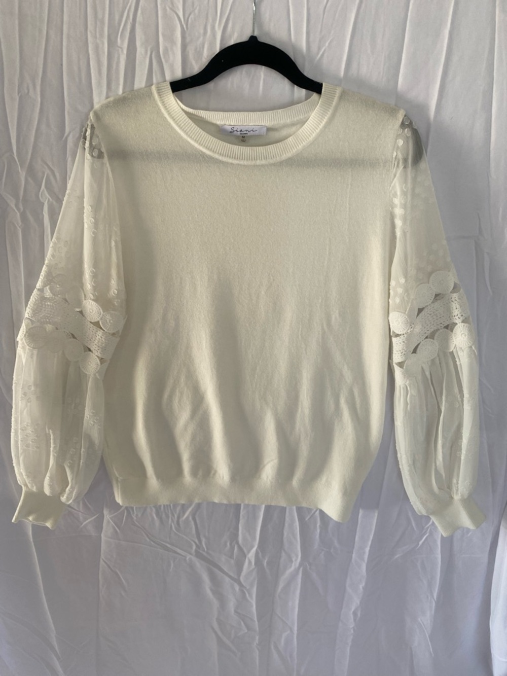 SIONI Women's ( Medium ) White Sweater Gorgeous Lace Sleeves
